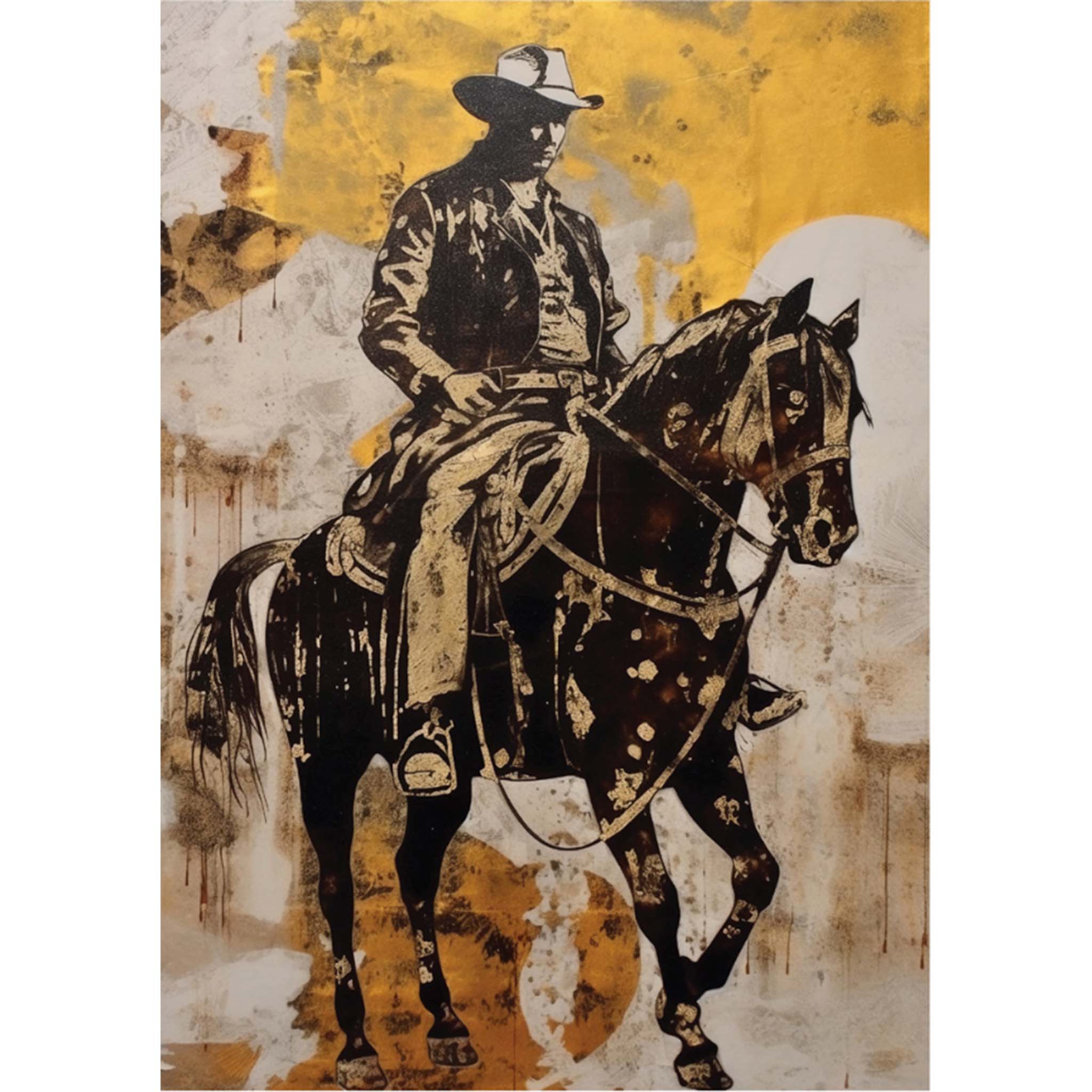 A1 fiber paper design featuring a distressed yellow and sepia background and a cowboy astride a horse. White borders are on the sides.