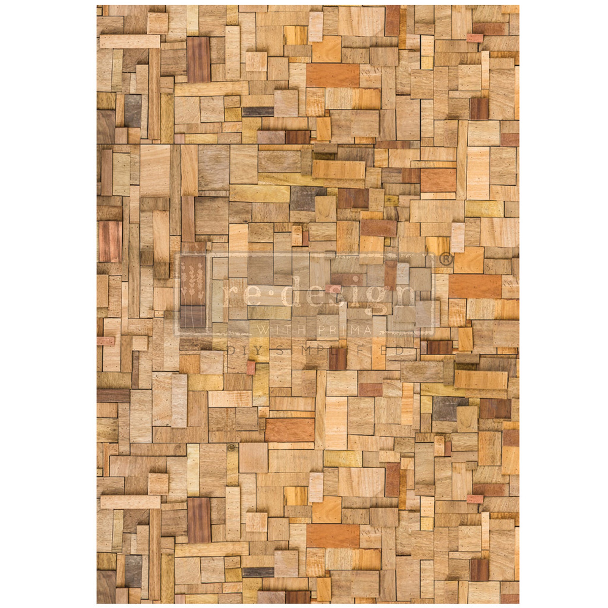 A1 fiber paper design that features a patchwork of wood tiles in various sizes. White borders are on the sides.