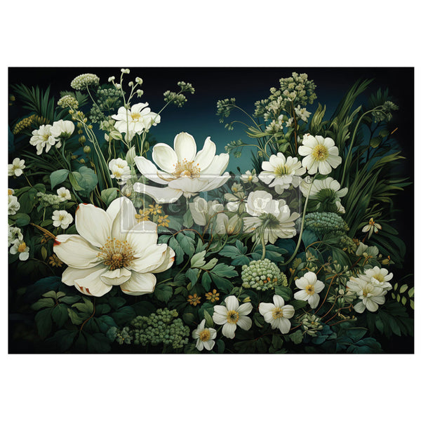 A1 fiber paper design featuring white magnolia flowers against a deep green foliage backdrop.  White borders are on the top and bottom.