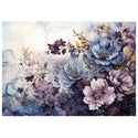 A1 fiber paper design that features soft blue and purple flowers against a light marble backdrop. White borders are on the top and bottom.