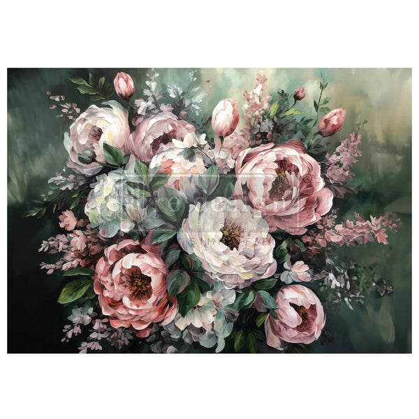 A1 fiber paper design that features a large bouquet of white and blush pink flowers painted against a dreamy green backdrop. White borders are on the top and bottom.