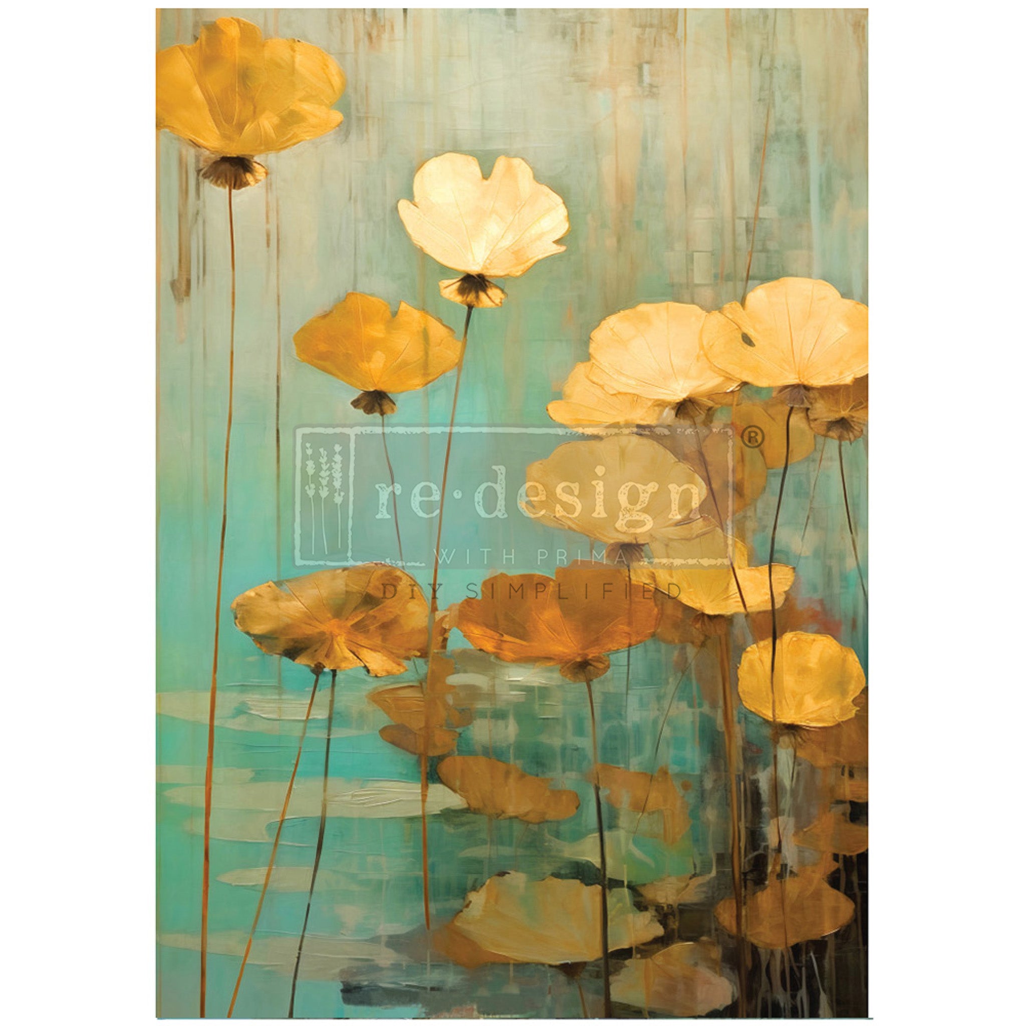 A1 fiber paper design featuring sepia colored lotus flowers standing tall in teal water. White borders are on the sides.