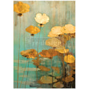 A1 fiber paper design featuring sepia colored lotus flowers standing tall in teal water. White borders are on the sides.
