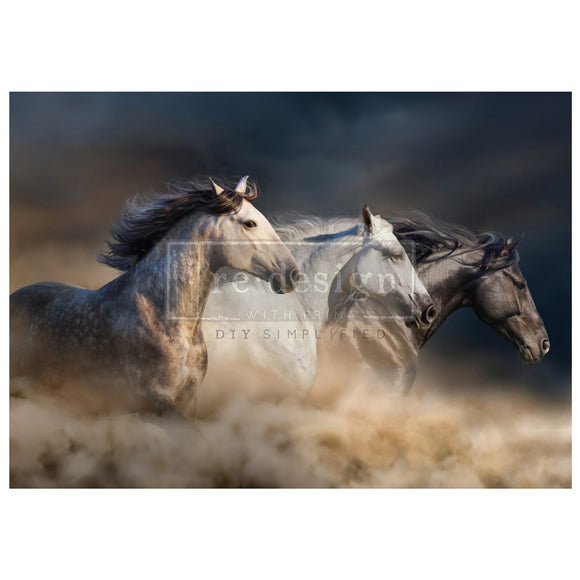 A1 fiber paper design that features three horses galloping freely creating a dust cloud underneath them. White borders are on the top and bottom.