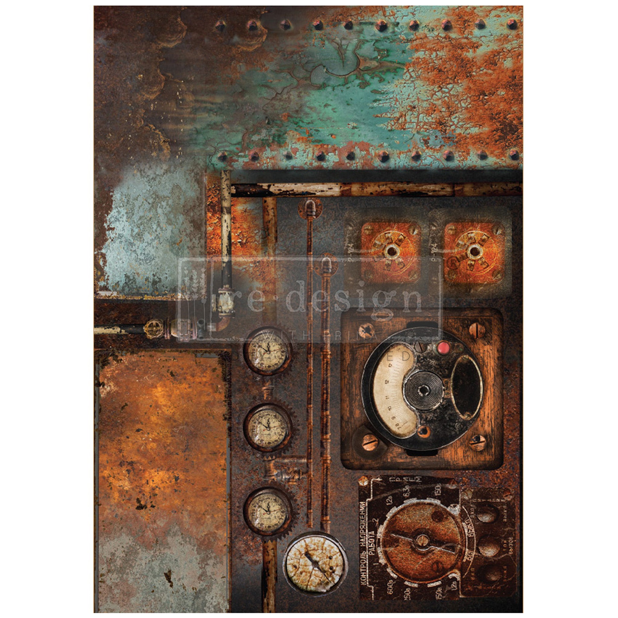 A1 fiber paper that features a bold, rusty antique machine against a rusty patina background. White borders are on the sides.