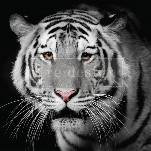 A1 fiber paper design that features a stunning monochrome portrait of a tiger with gold eyes.