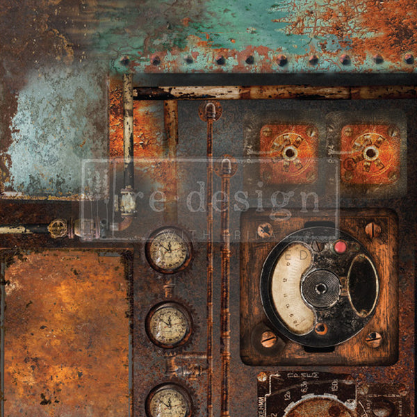 A1 fiber paper that features a bold, rusty antique machine against a rusty patina background.