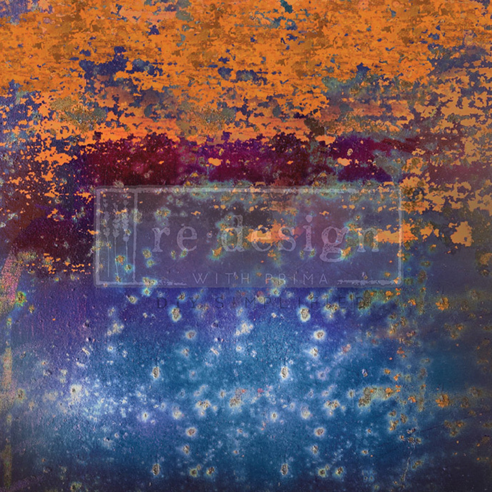 A1 fiber paper design that features red-orange rust scattered against a maroon and blue patina background.