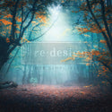 A1 fiber paper design that features a misty Autumn forest path lit by a ray of sunlight coming through the tree canopy.