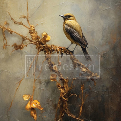 A1 fiber paper design featuring a solemn bird perched on a dried bit of greenery against a grey foggy backdrop.