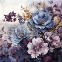 A1 fiber paper design that features soft blue and purple flowers against a light marble backdrop. 