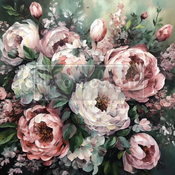 A1 fiber paper design that features a large bouquet of white and blush pink flowers painted against a dreamy green backdrop.