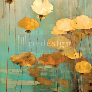 A1 fiber paper design featuring sepia colored lotus flowers standing tall in teal water.
