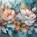 A1 fiber paper design featuring large blush and cream watercolor flowers surrounded by foliage against a teal-blue backdrop.