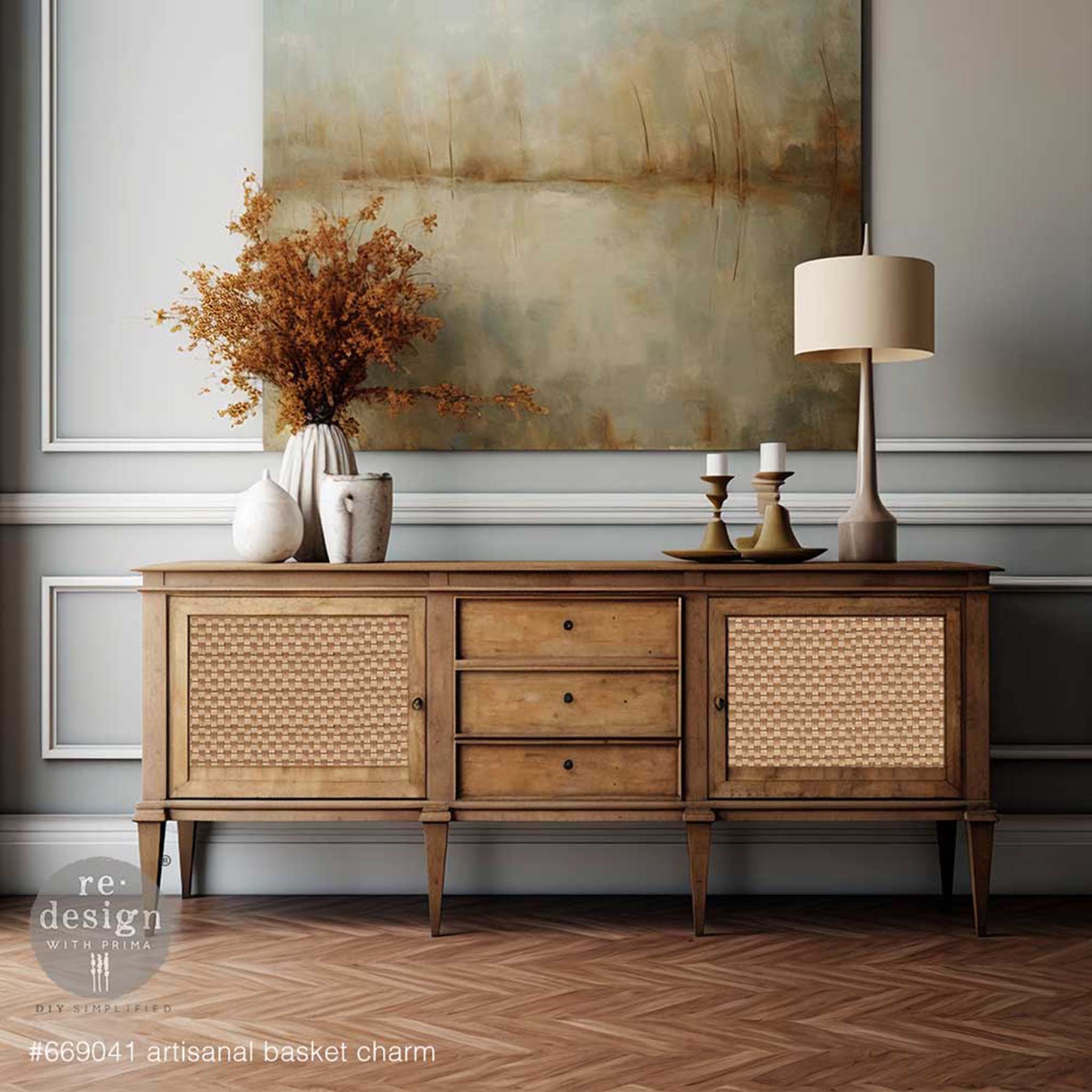 A vintage natural wood tv console table features ReDesign with Prima's Artisanal Basket Charm A1 fiber paper on its 2 doors.