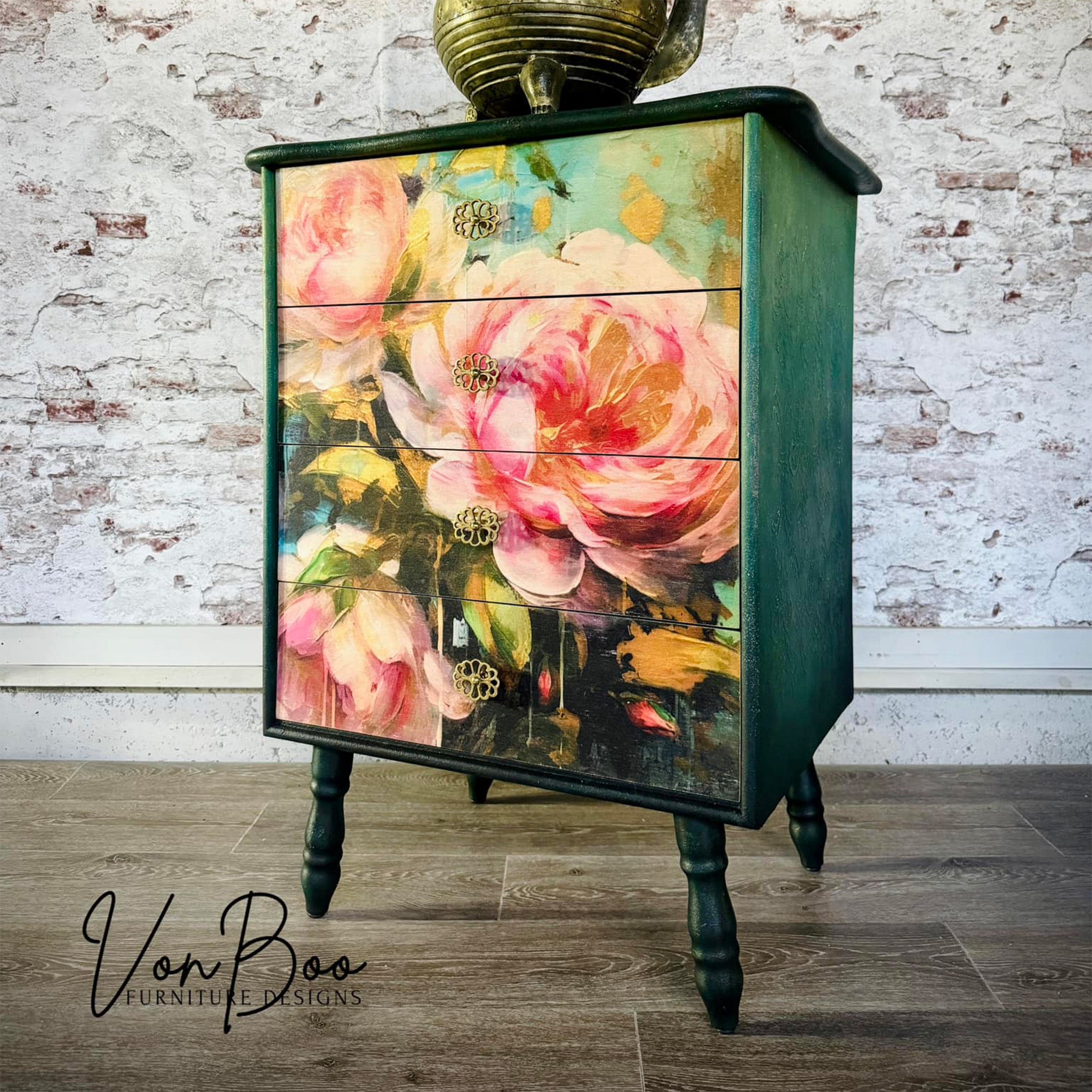 A vintage 4-drawer nightstand refurbished by Von Boo Furniture Designs is painted an ombre of light and dark green and features ReDesign with Prima's Bold Blooms fiber paper on the drawers.