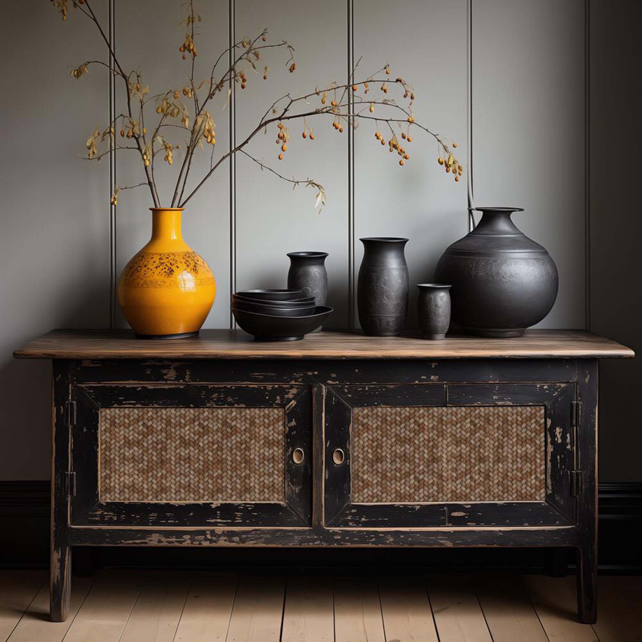 A vintage console table is painted black with natural wood accents and features ReDesign with Prima's Braided Bliss A1 fiber paper on the inlays of its 2 doors.