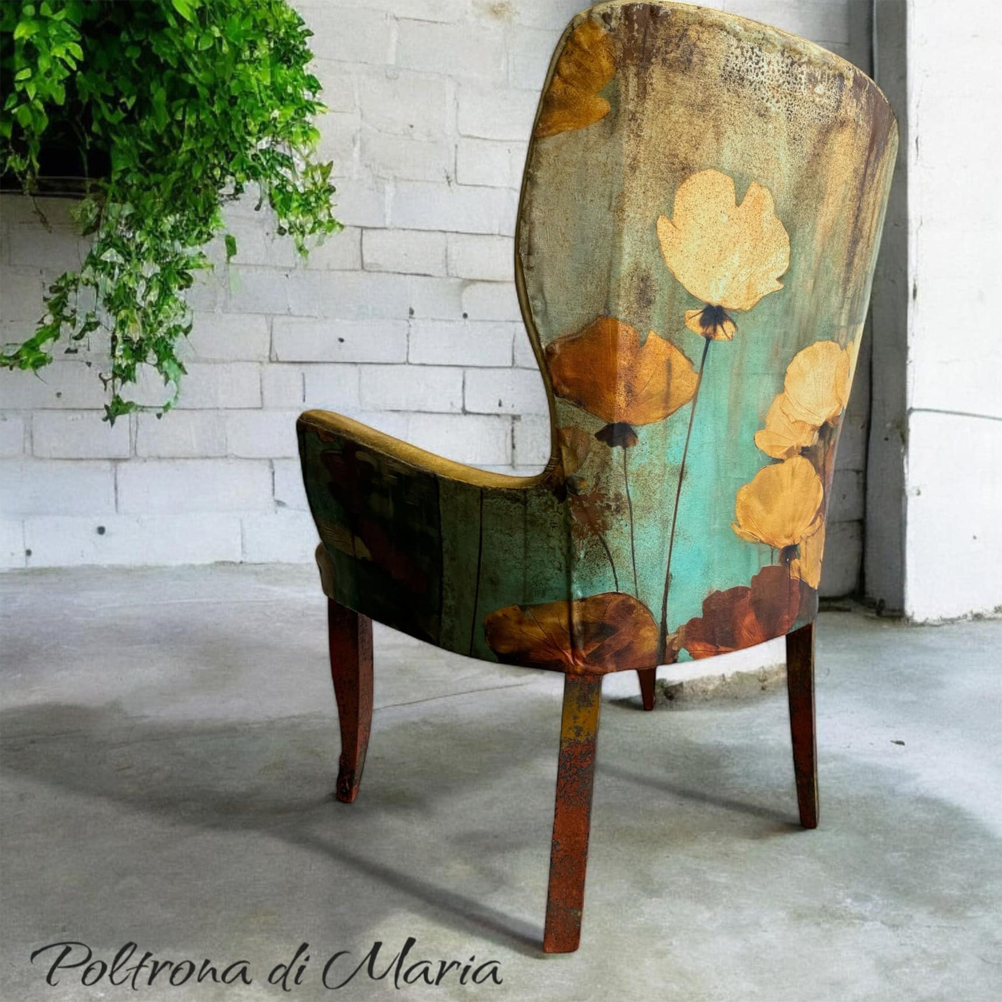 A vintage high-back chair features ReDesign with Prima's Eternal Lotus fiber paper on the back.