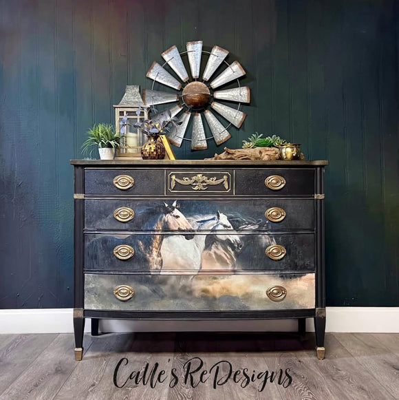 Decorative dresser with horse design and windmill on a dark wall, featuring 'Calle's ReDesigns' branding.