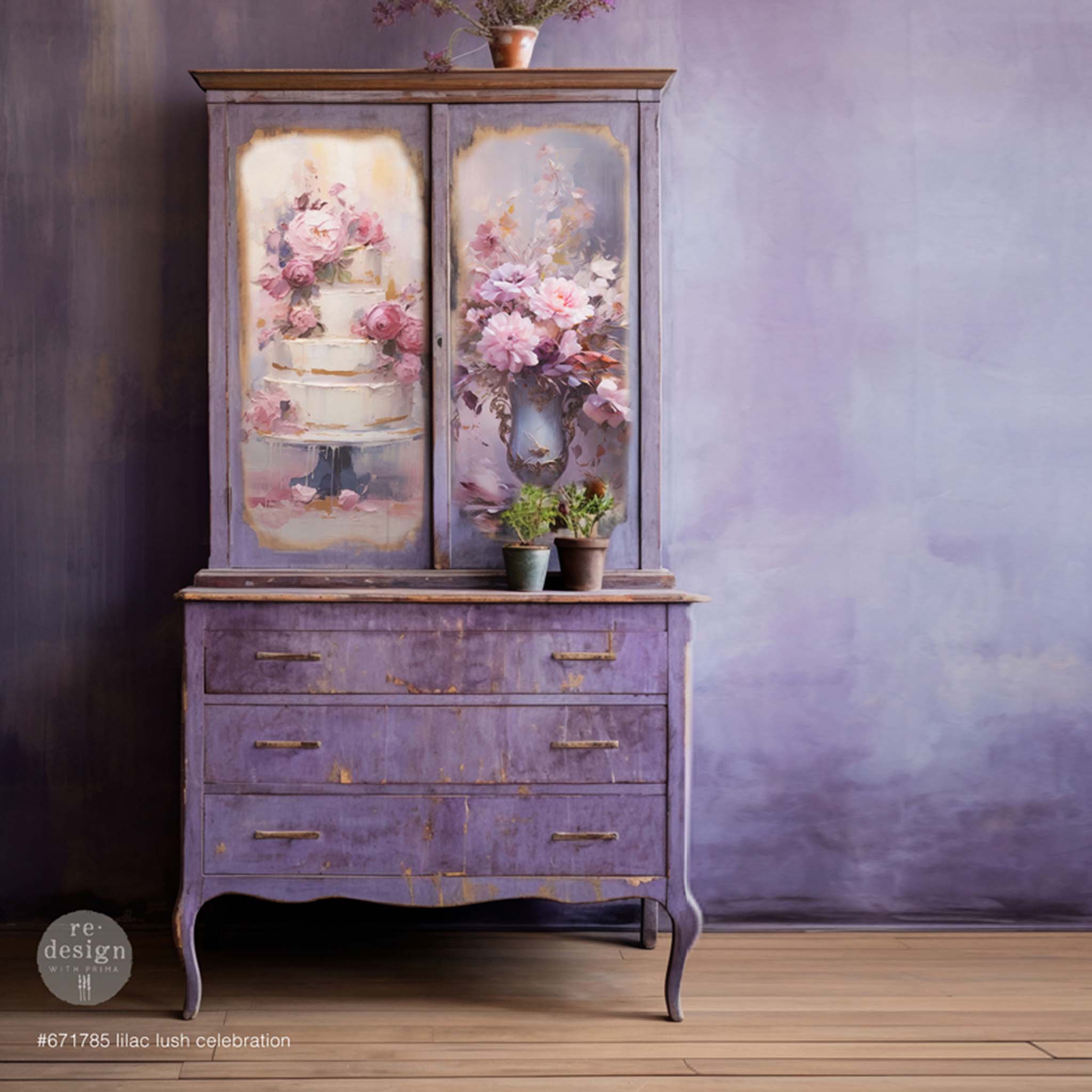 A vintage hutch is painted purple and features ReDesign with Prima's Lilac Lush Celebration tissue paper on its 2 doors.