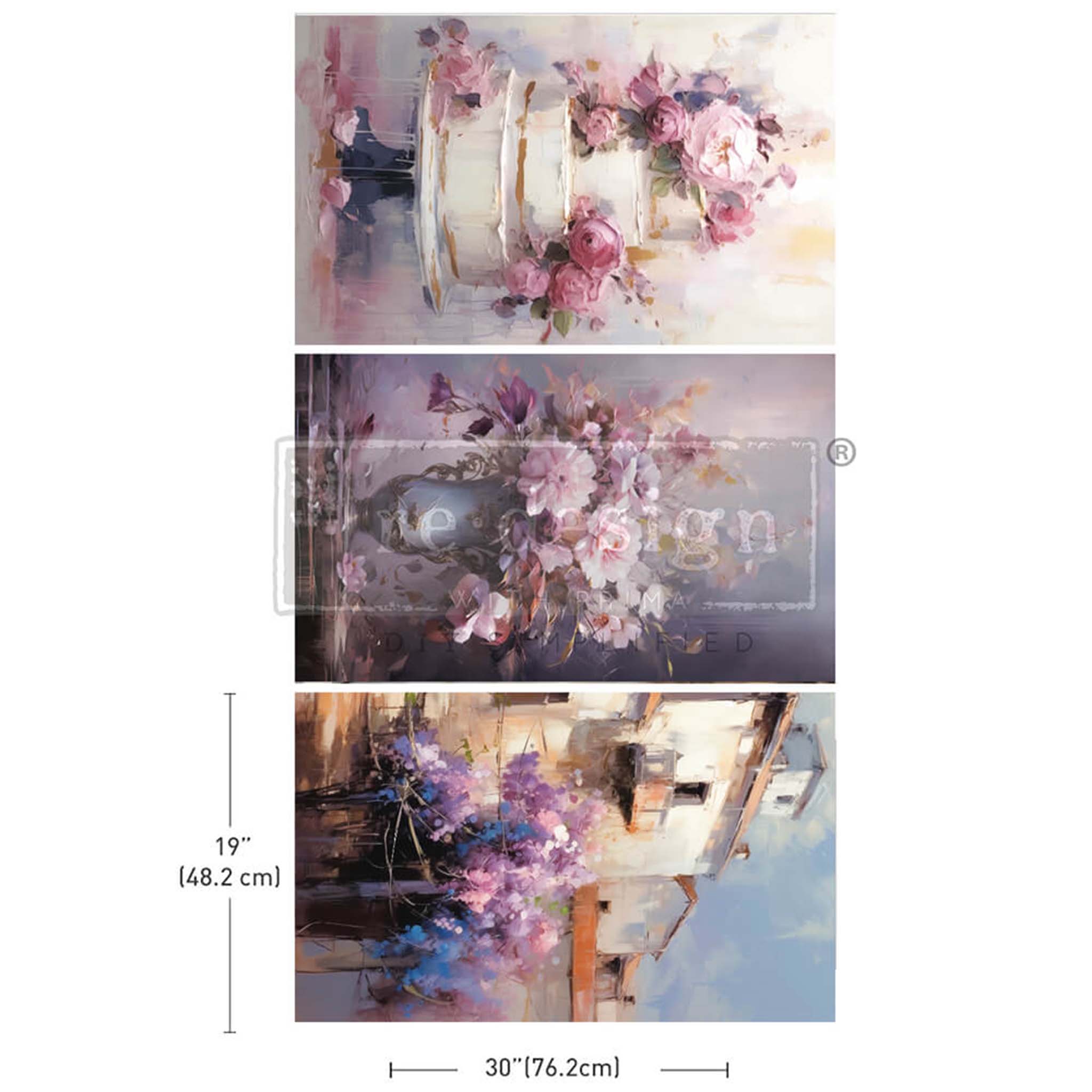 ReDesign with Prima's Lilac Lush Celebration tissue paper is against a white background. Measurements for 1 sheet reads: 19" (48.2 cm) by 30" (76.2 cm).