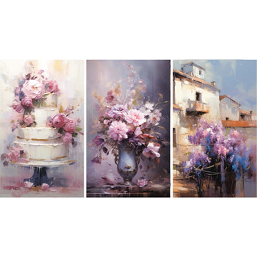 Tissue paper design featuring three unique floral designs in lilac and blush, including a wedding cake dripping with flowers, a purple vase with a large bouquet, and a vintage building with a spray of flowers in front. White borders are on the top and bottom.