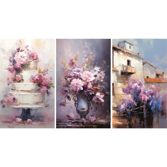 Tissue paper design featuring three unique floral designs in lilac and blush, including a wedding cake dripping with flowers, a purple vase with a large bouquet, and a vintage building with a spray of flowers in front. White borders are on the top and bottom.