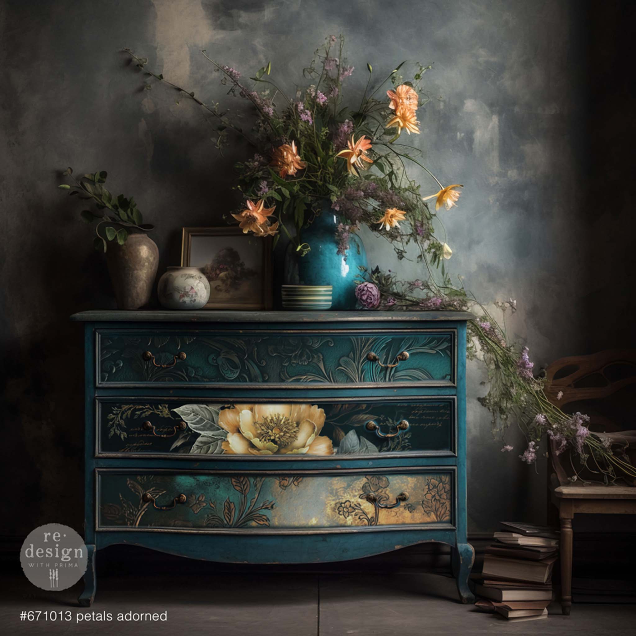 A vintage 3-drawer dresser is painted dark teal and features ReDesign with Prima's Petals Adorned tissue paper on the drawers.