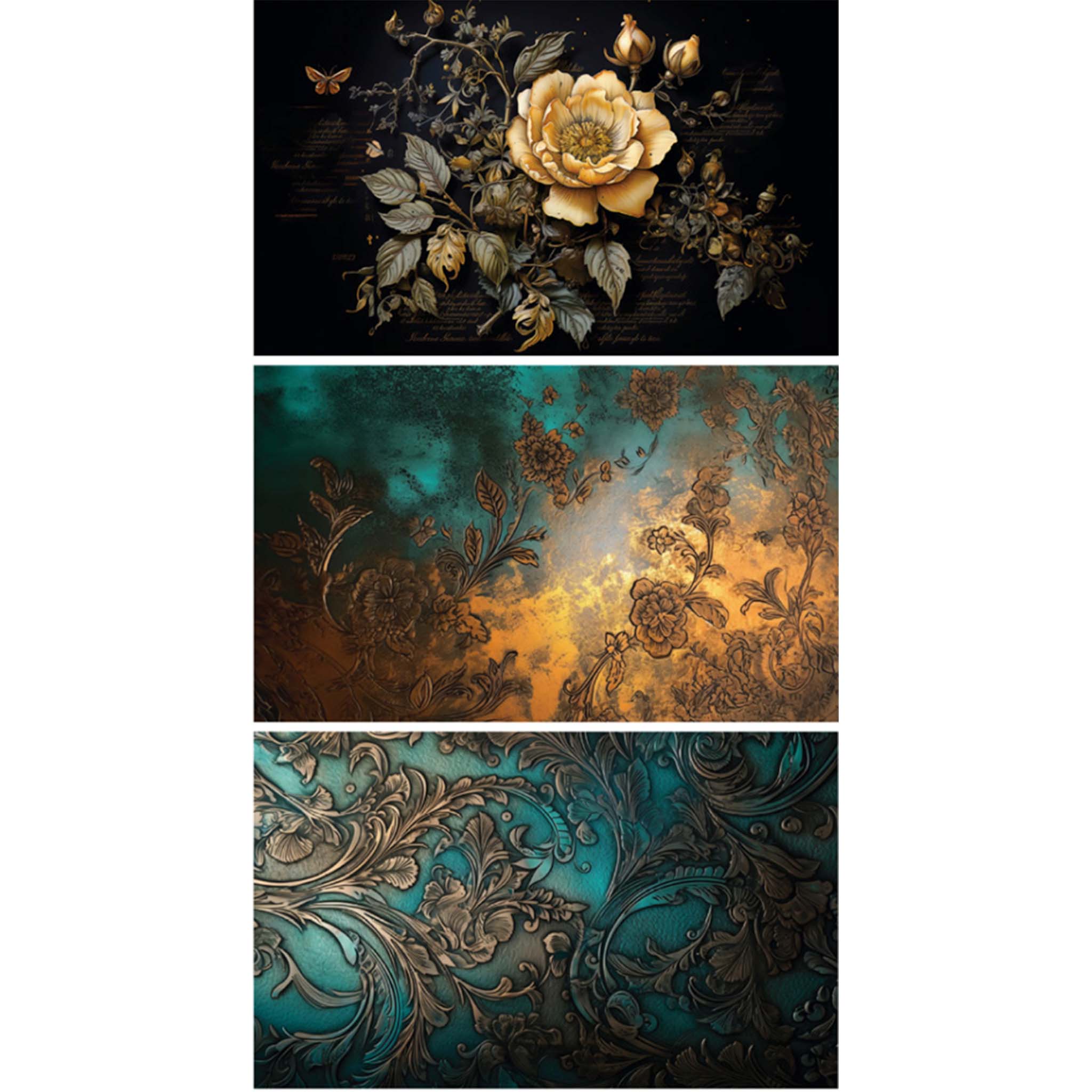 Three floral tissue papers. They feature a large cream colored flower with foliage against a black ground with script; a patina background with bronze-colored vining flowers; and an embossed-style scrolling floral pattern against a teal background. White borders are on the sides.
