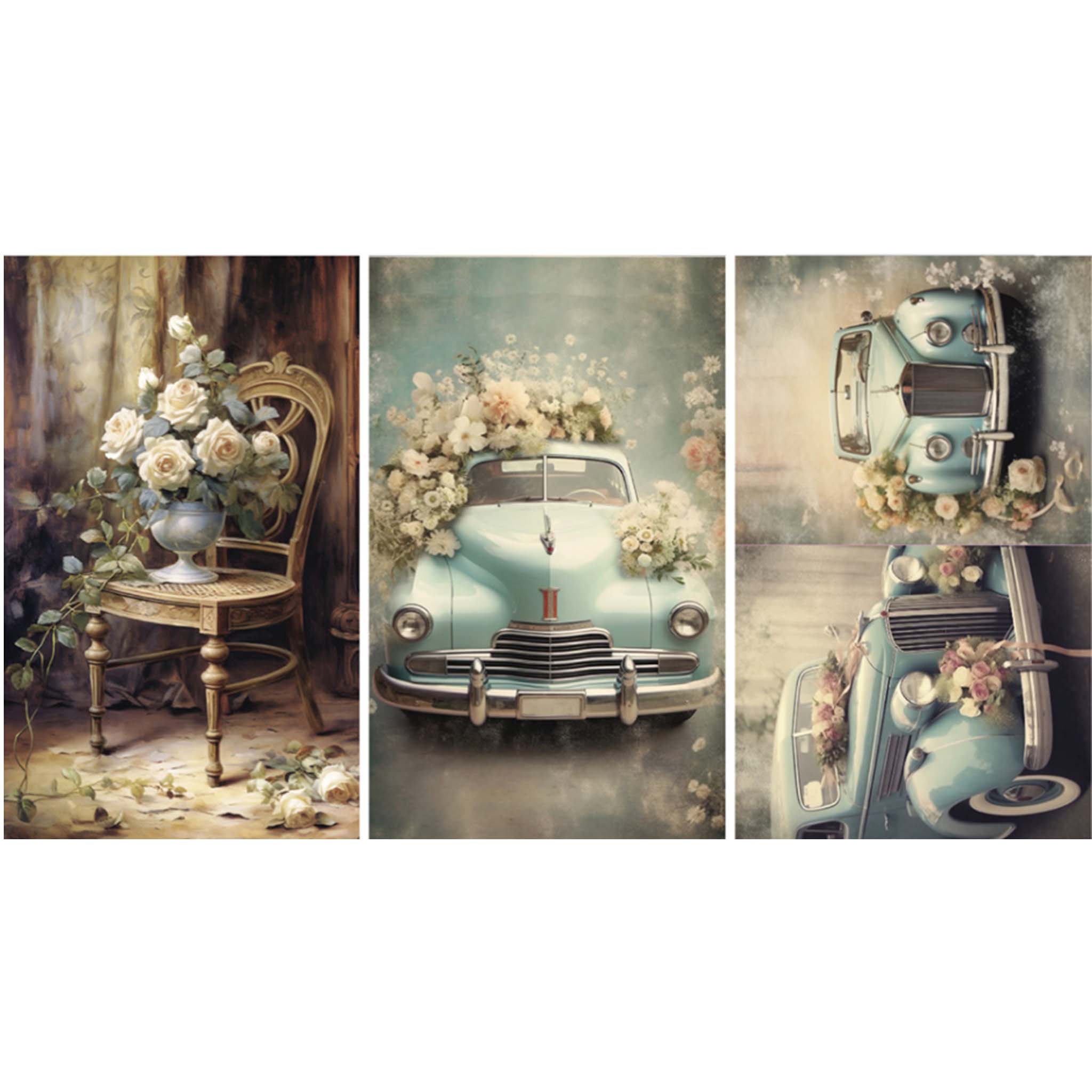Tissue paper with 3 designs that feature two side by side views of a retro floral car in baby blue, a vintage aqua blue car, and a bouquet of roses on a chair are against a white background.