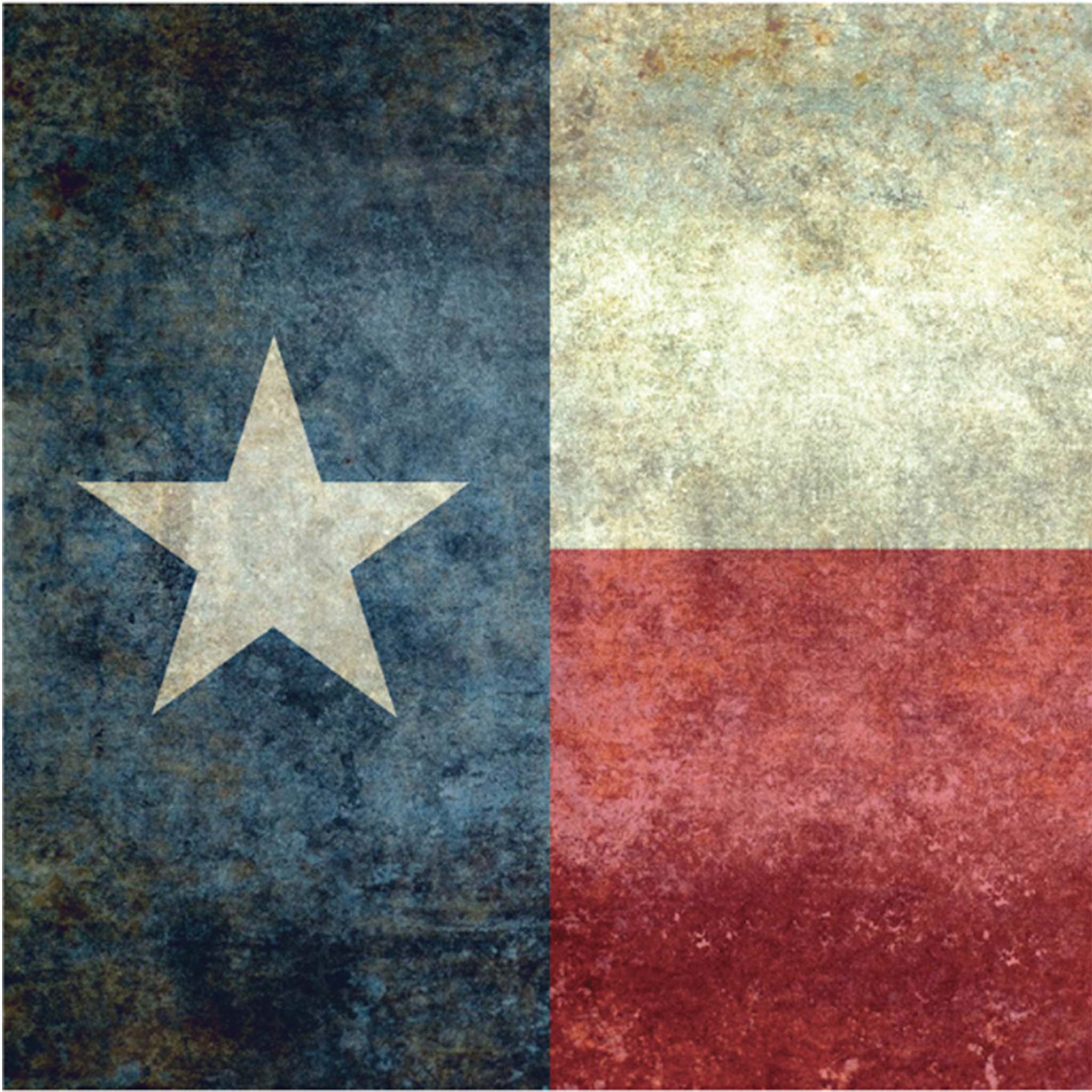 Close-up of an A1 fiber paper that features a distressed Texas flag against a white background.