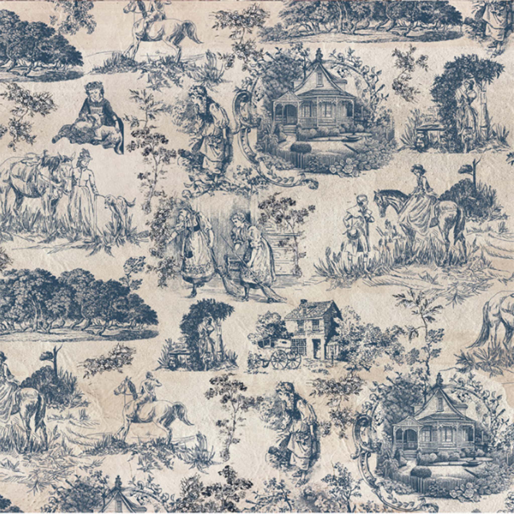 Close-up of an A1 fiber paper that features deep dusty blue toile print featuring people and horses in the countryside.