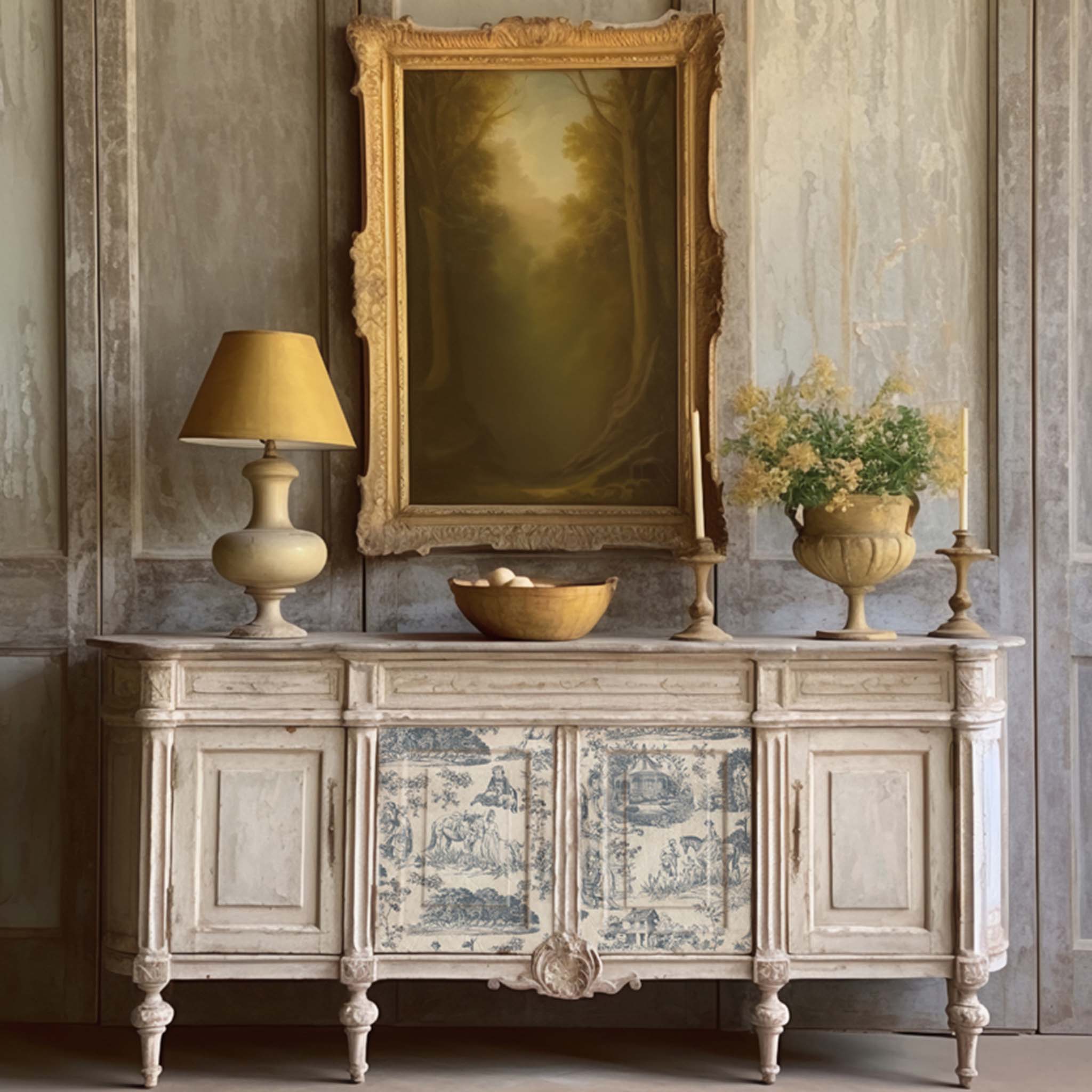 A vintage buffet table is painted in off-white and features ReDesign with Prima's Toile de Jouy A1 fiber paper by Kacha on its 2 center drawers.
