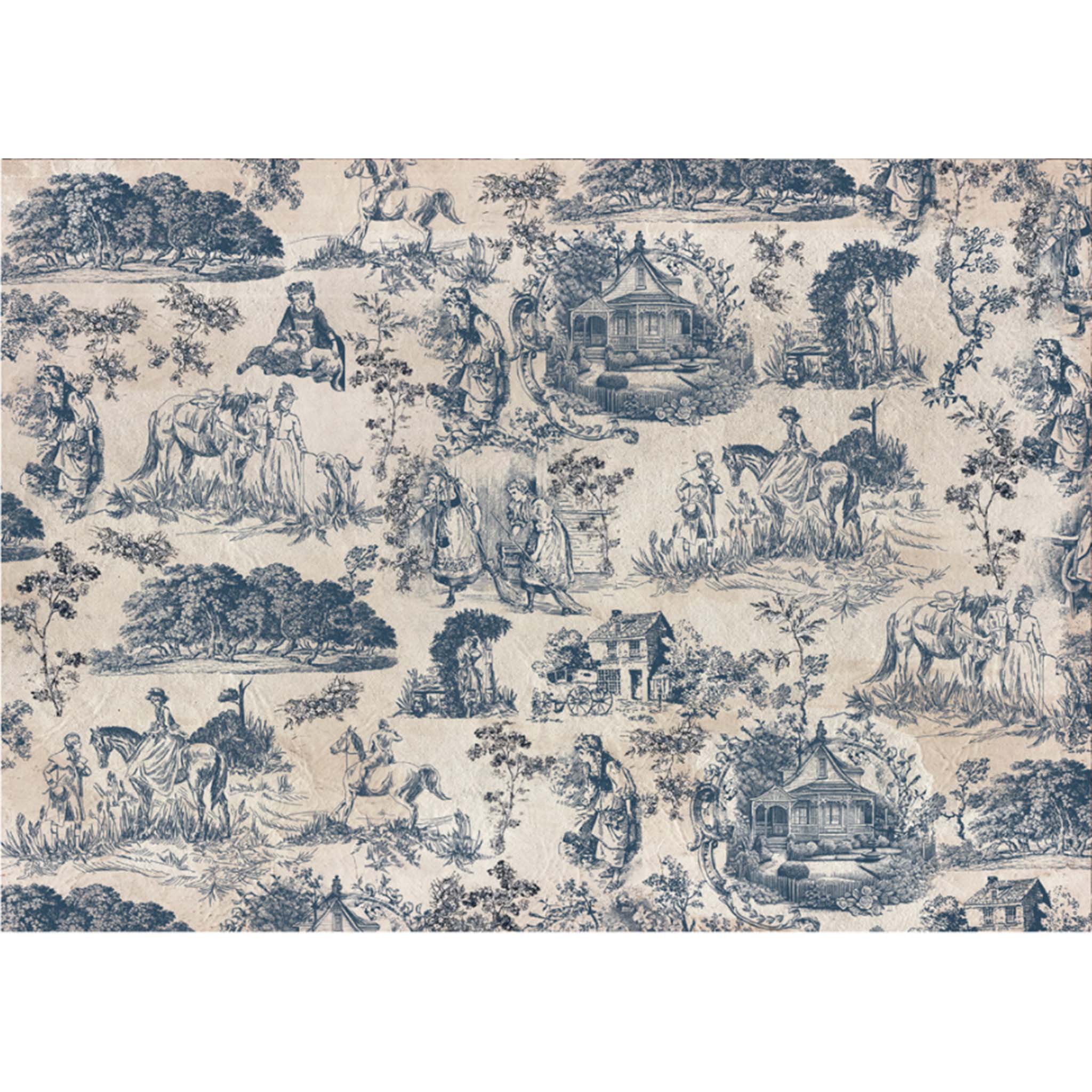 A1 fiber paper that features deep dusty blue toile print featuring people and horses in the countryside. White borders are on the top and bottom.