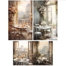 Three sheets of tissue papers against a white background feature stunning views through balcony windows, complete with charming dinner settings.