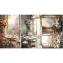 Three sheets of tissue papers against a white background feature stunning views through balcony windows, complete with charming dinner settings.