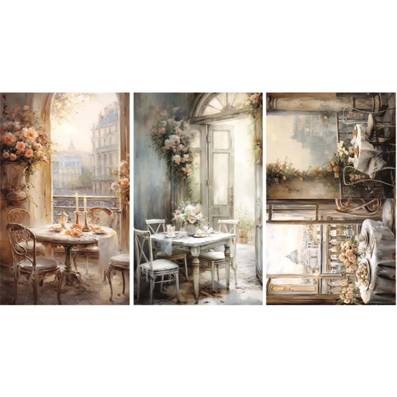 Three sheets of tissue papers against a white background feature stunning views through balcony windows, complete with charming dinner settings.