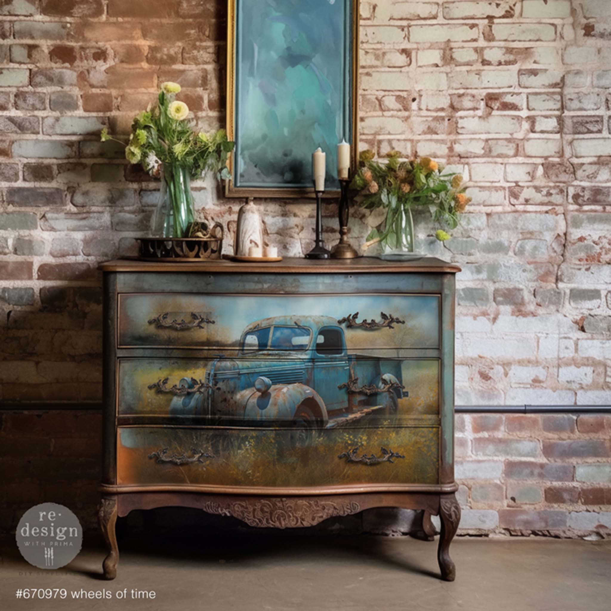 A vintage 3-drawer dresser is painted in patina rust colors and features 1 sheet of ReDesign with Prima's Wheels of Time tissue paper on the drawers.