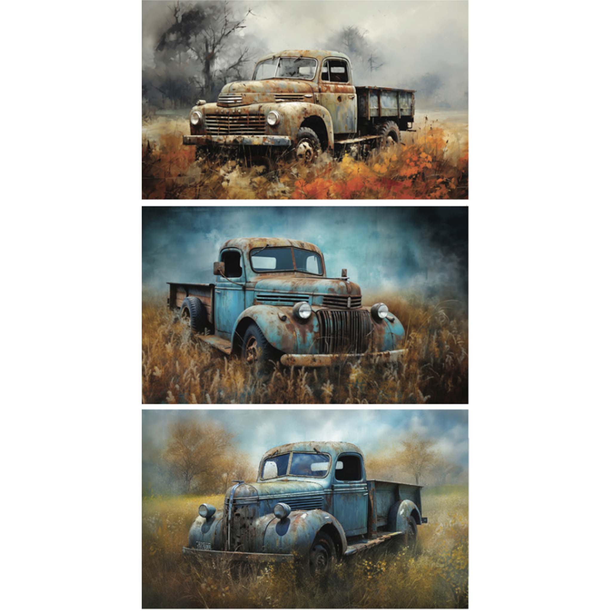 Three tissue papers against a white background feature vintage trucks rusting in open fields.