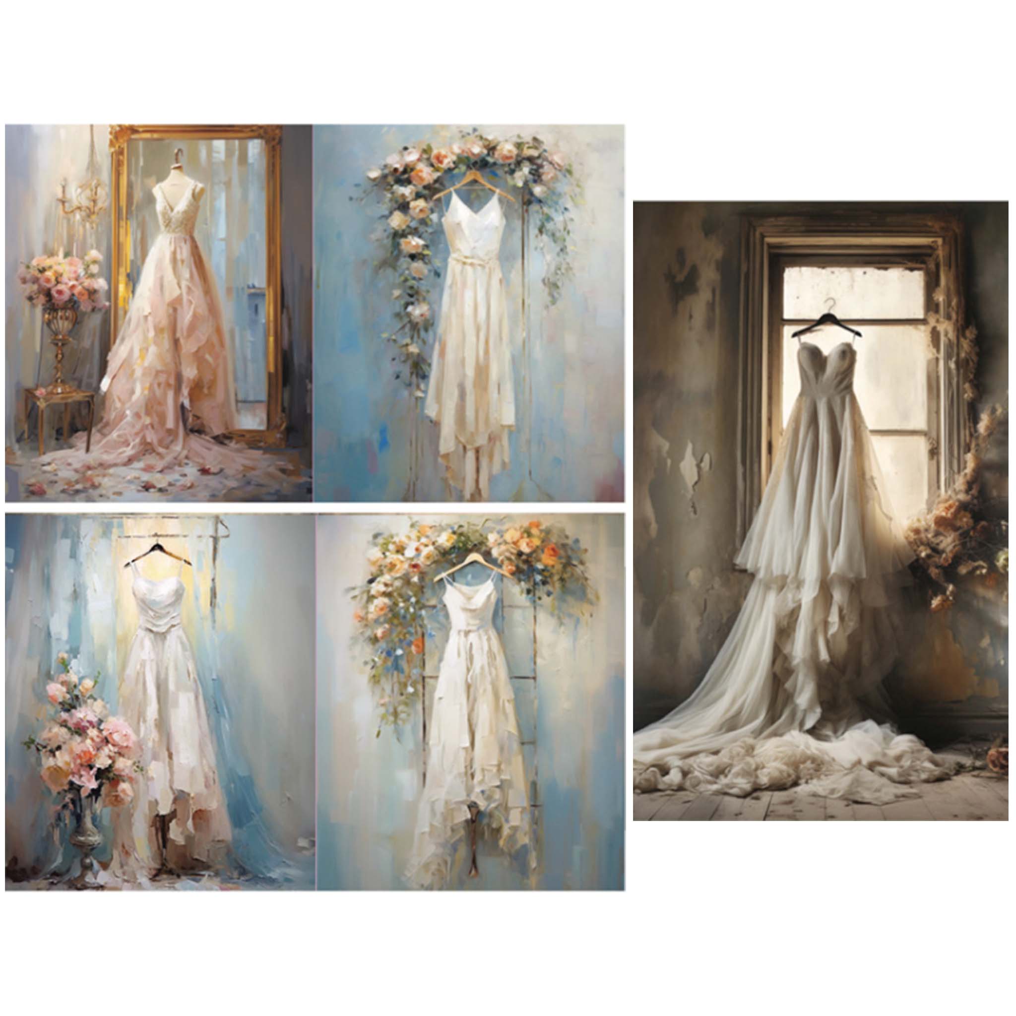 Three sheets of tissue paper against a white background that feature five unique white wedding gown designs against shabby chic backdrops with flowers.