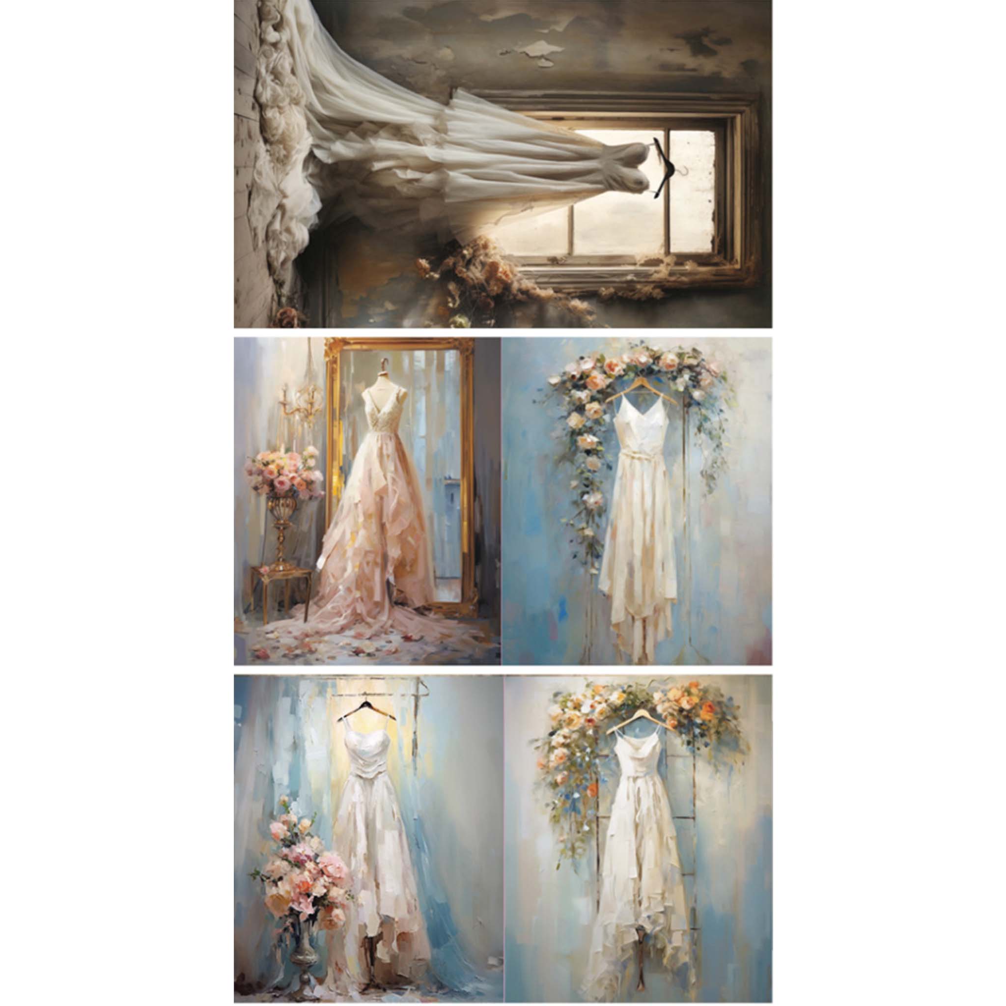 Three sheets of tissue paper against a white background that feature five unique white wedding gown designs against shabby chic backdrops with flowers.