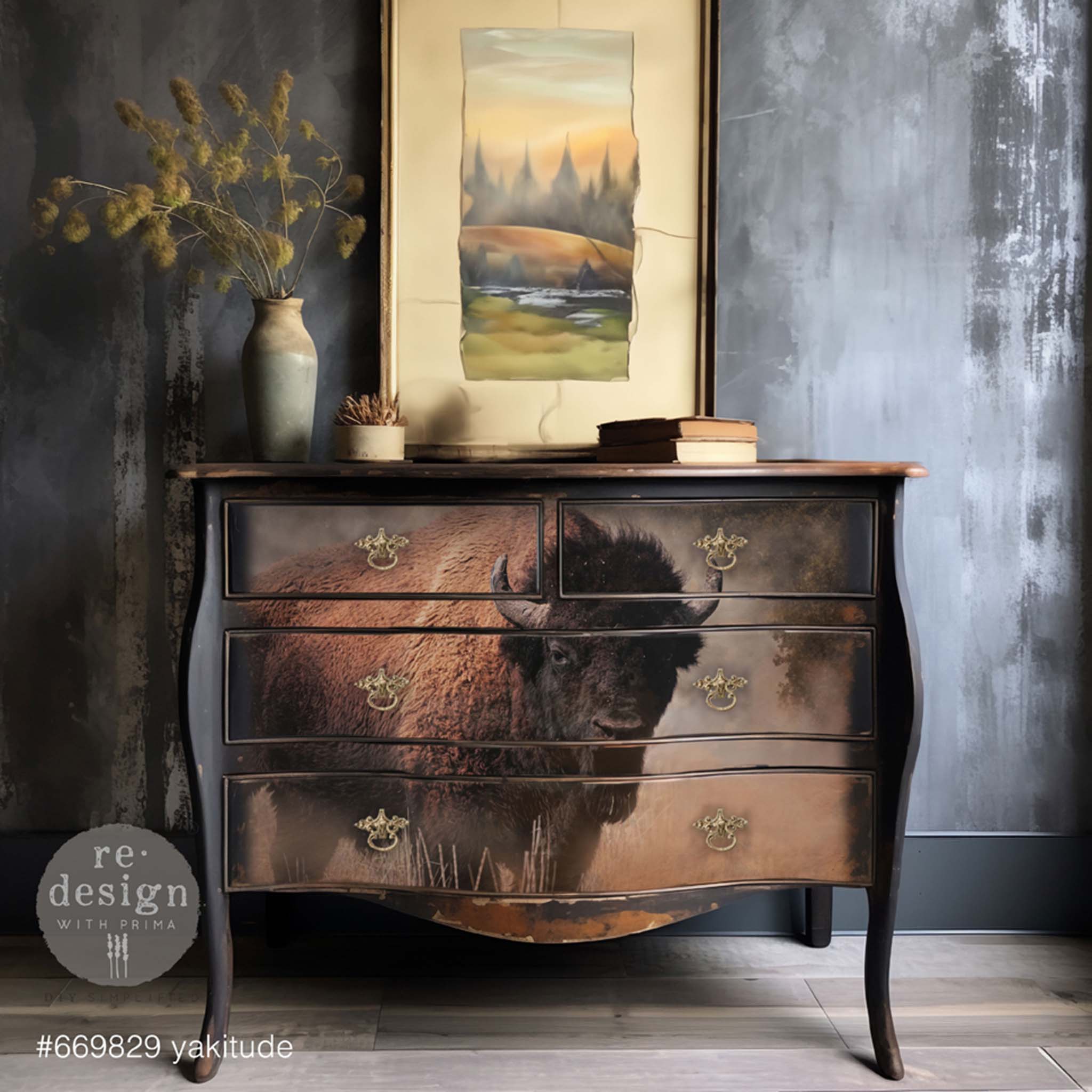 A vintage 4-drawer dresser is painted black and features ReDesign with Prima's Yakitude A1 fiber paper on the front of it.