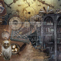 A1 fiber paper featuring a vintage collage with bookshelves filled to the brim with books, statues, pocket watches, and clocks.