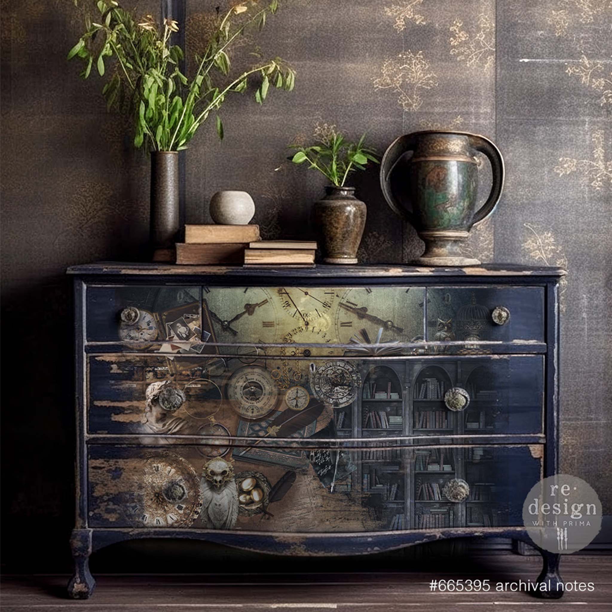A vintage 3-drawer dresser refurbished by ReDesign with Prima is painted a distressed dark blue and features the Archival Notes A1 fiber paper on its drawers.
