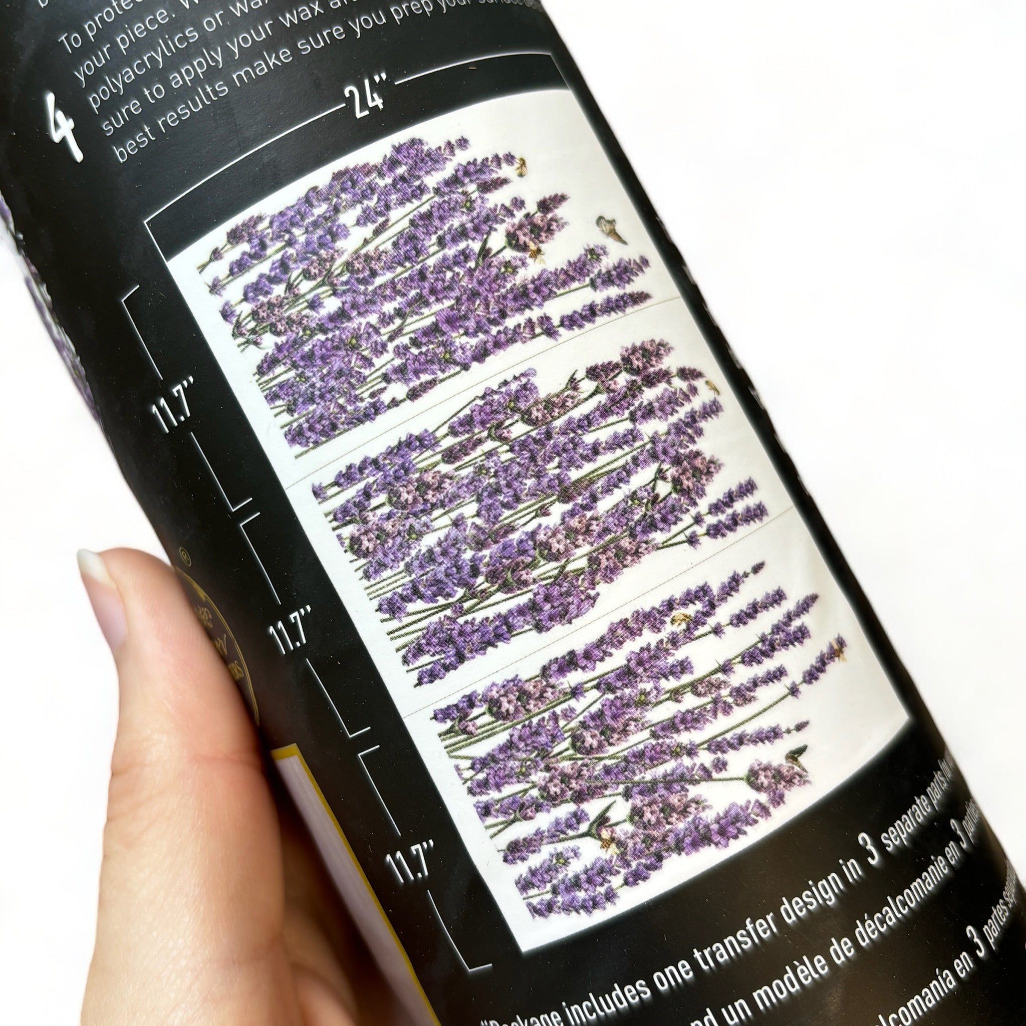 A tube of ReDesign with Prima's Champs de Lavende rub-on transfer shows 3 sheets with measurements of 24" x 11.7" each.