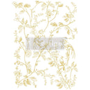 Rub-on transfer design that features gold foil vine-like branches with birds and flowers on it is on a white background.