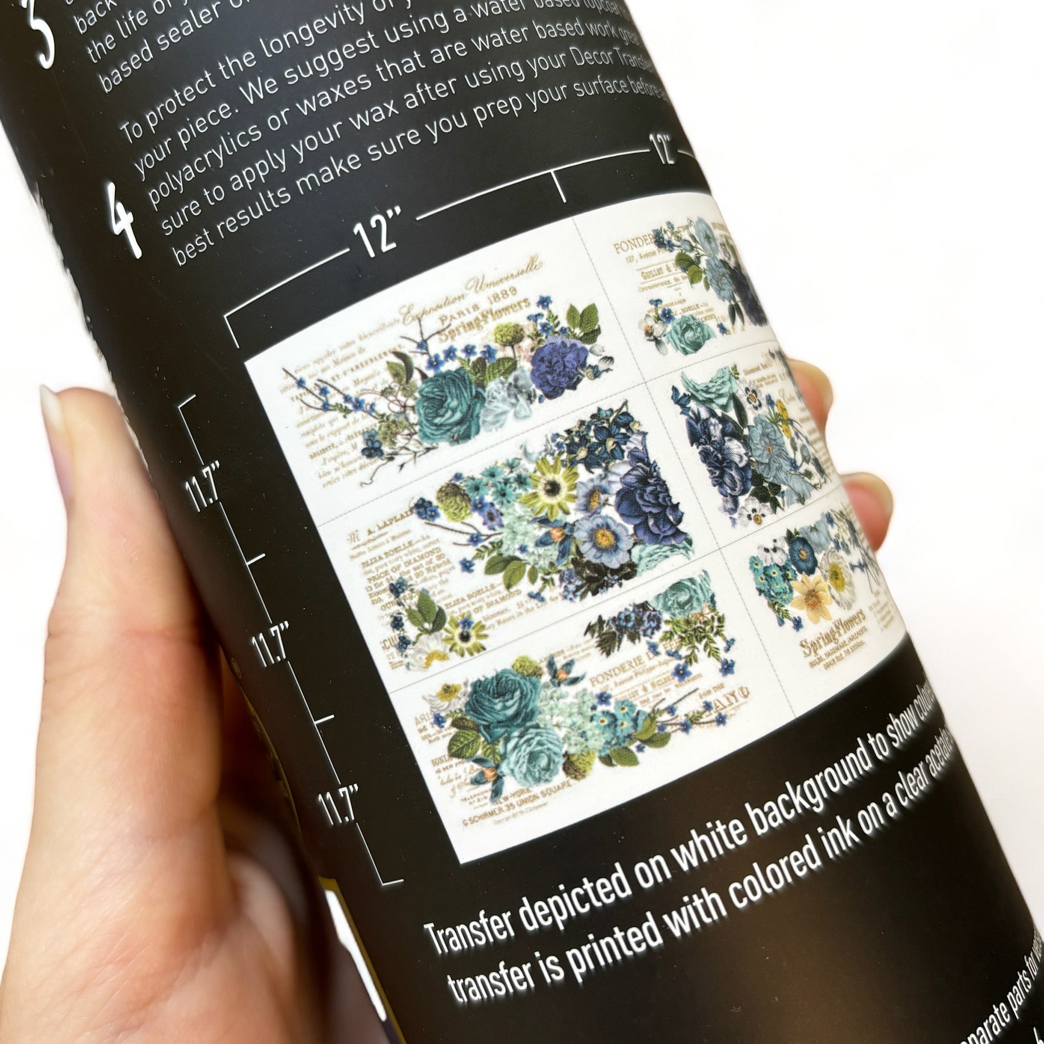 A tube of ReDesign with Prima's Cosmic Roses rub-on transfer shows 6 sheets with measurements of 12" x 11.7" each.