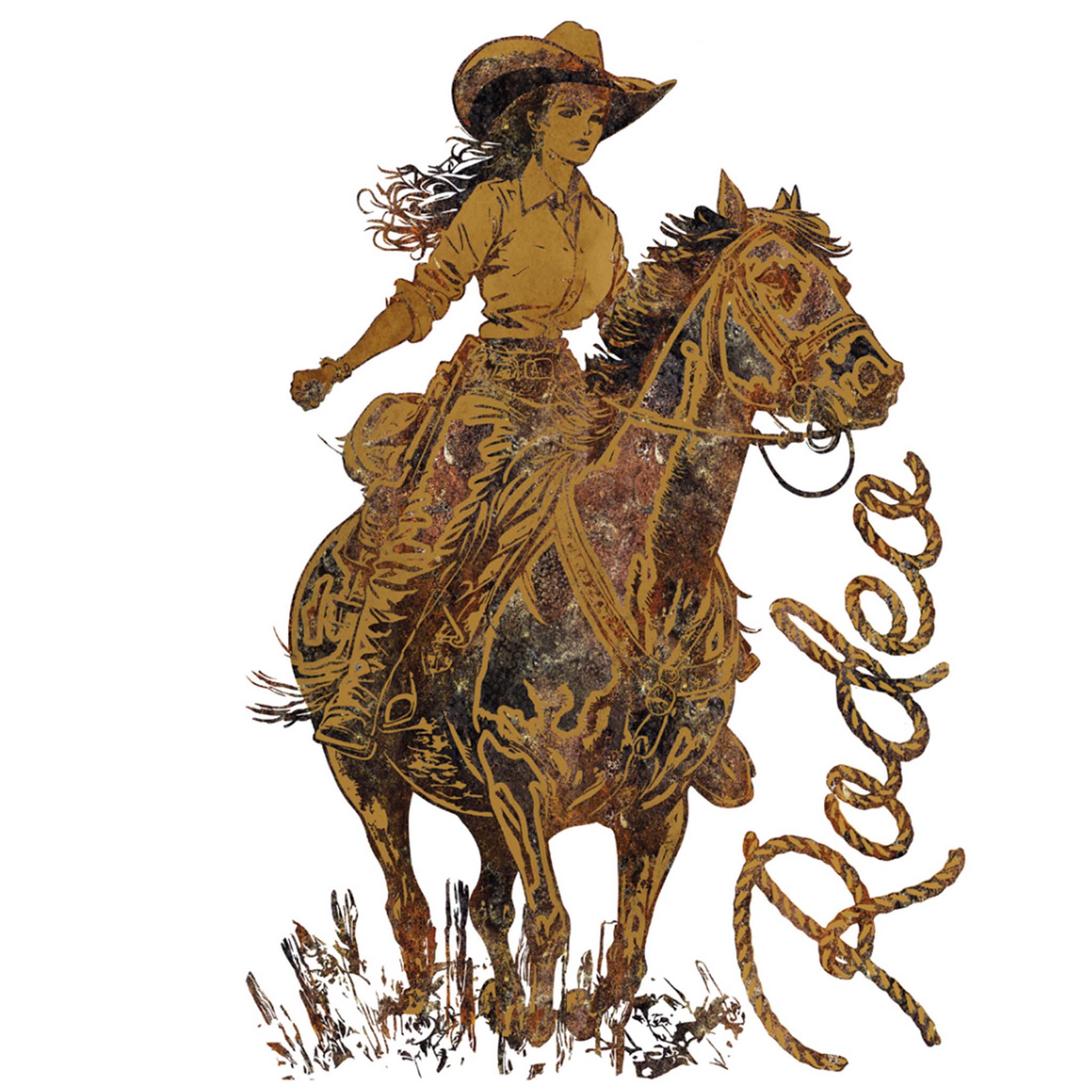 Rub-on transfer design against a white background featuring a mustard-colored image of a cowgirl riding a horse, with the word "rodeo" written in rope.