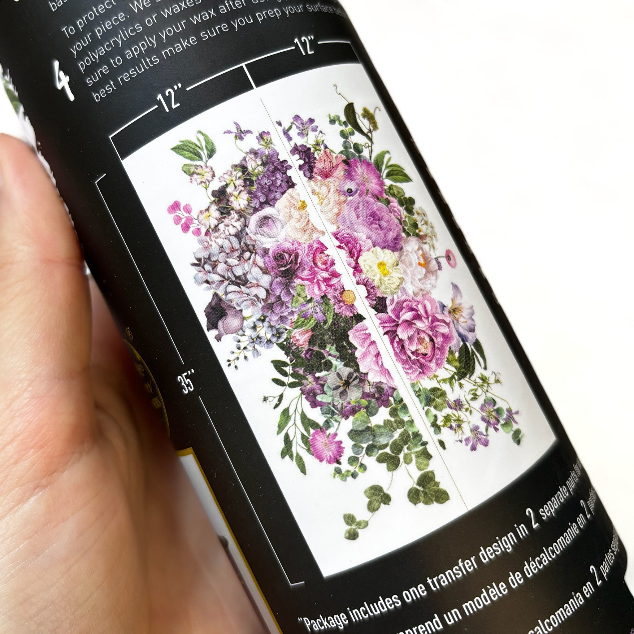 A tube of ReDesign with Prima's Morning Purple rub-on transfer shows 2 sheets with measurements of 12" x 35" each.