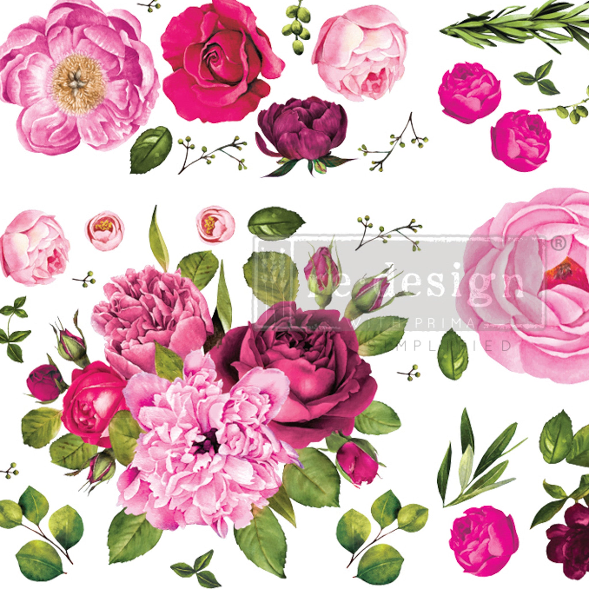 A close-up of a rub on transfer against a white background features vibrant pink flowers and leaves and a bouquet. 